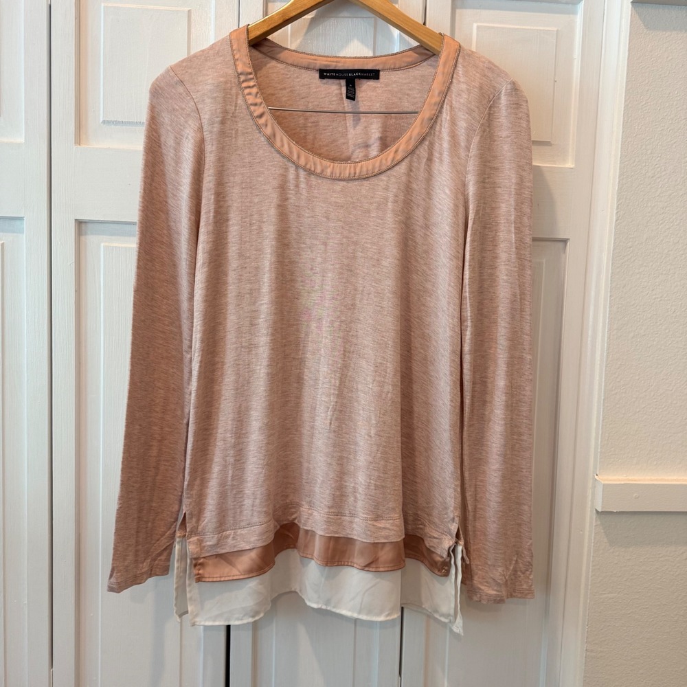 WHBM Capsule Blush Pink Satin Trim Layered Mixed Media Long Sleeve Top‎ Small